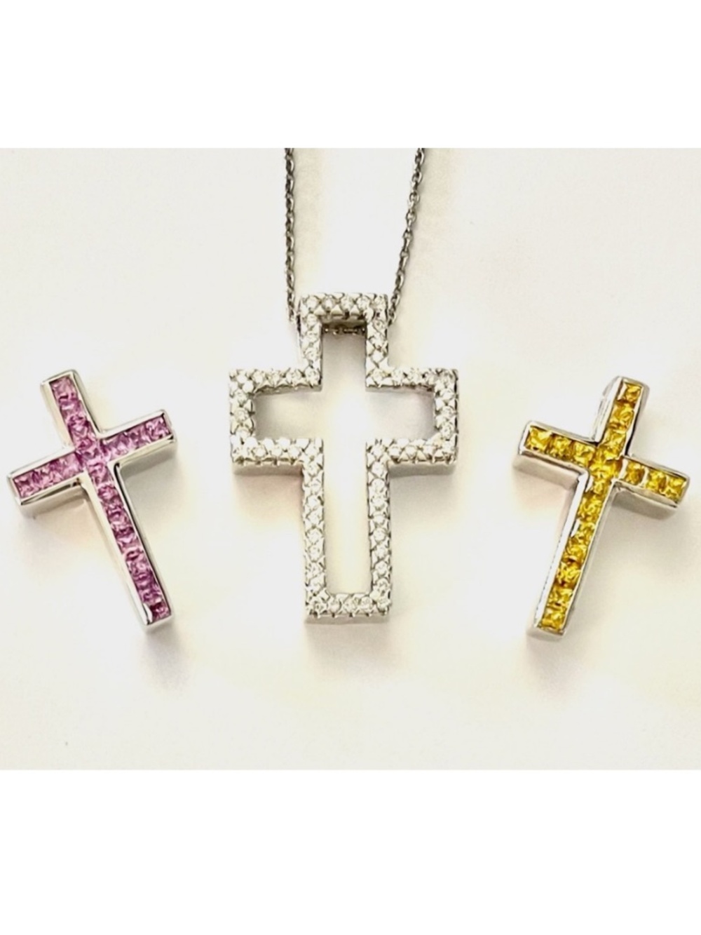 18K DIAMOND & SAPPHIRE 1.5ctw 3 CROSS INTERCHANGEABLE Pendant 18" Necklace 11.2g